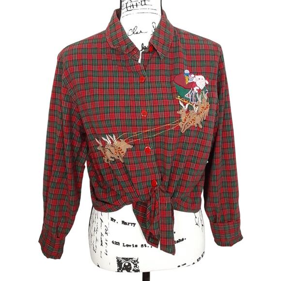 Vintage 90s Santa Claus Embroidered Button Up Shirt Red Plaid Christmas Womens L - Picture 2 of 12